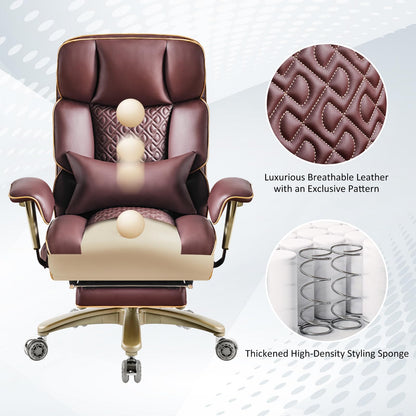 Executive Desk Chir with Adjustable Air Back Support, Luxury Ergonomic PU Leather Office Chair with Lumbar Massage High-Back 3-Level Tilt 360° Swivel Silent Wheels Height Adjustment,Footrest, Brown