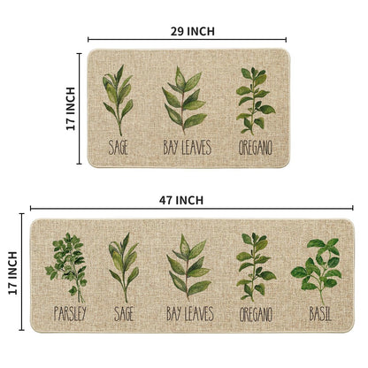 Artoid Mode Parsley Sage Oregano Basil Bay Leaves Decorative Kitchen Mats Set of 2, Seasonal Holiday Party Low-Profile Floor Mat for Home Kitchen - 17x29 and 17x47 Inch