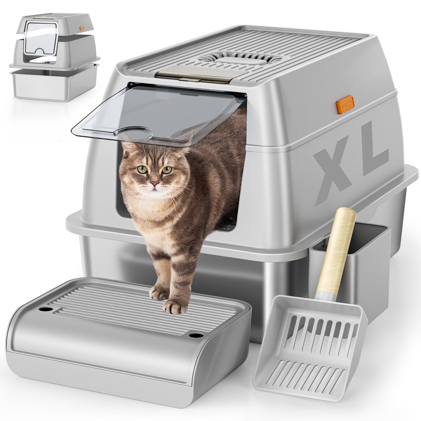 Stainless Steel Cat Litter Box with Lid, XL Extra Large Litter Box for Big Cats, Enclosed Removable Metal Litter Boxs with High Sided Enclosure & Scoop, Anti-Leakage, Non-Sticky, Easy Cleaning(Grey)
