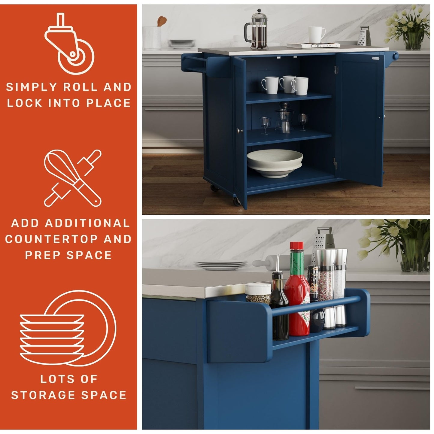 Homestyles Mobile Kitchen Island Cart with Stainless Steel Top, Blue