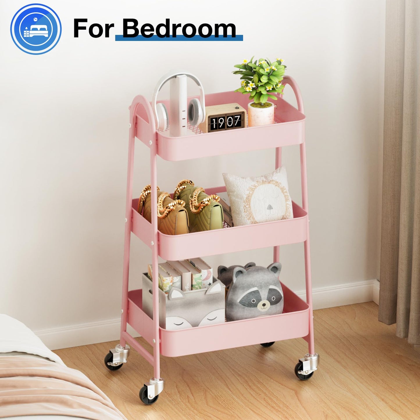 OLIXIS Metal 3 Tiers Utility Rolling Cart, Mobile Storage Shelf with Lockable Caster Wheels, Organization for Livingroom, Bathroom & Narrow Places, Pink
