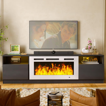 MXV 80" Fireplace TV Stand for TVs Up to 90", LED Light Entertainment Center with 36" Electric Fireplace, Modern Wood Texture TV Media Console with Highlight Storage Cabinet, Black-White