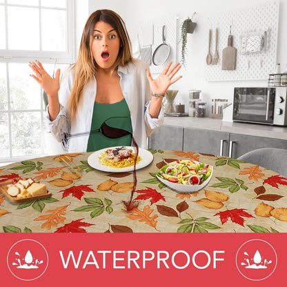 Deluxe Elastic Edged Flannel Backed Vinyl Fitted Table Cover - Large Round Oblong Oval - All-Over Leaves Pattern - Fits