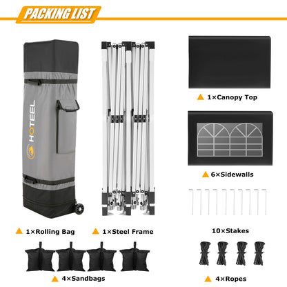 HOTEEL 10x20 Pop Up Canopy with 6 Sidewalls, Easy Setup Party Tent with Wheeled Bag, 4 Weight Bags, Silver Coated Event Shelter for Backyard, Vendor Booths, Black