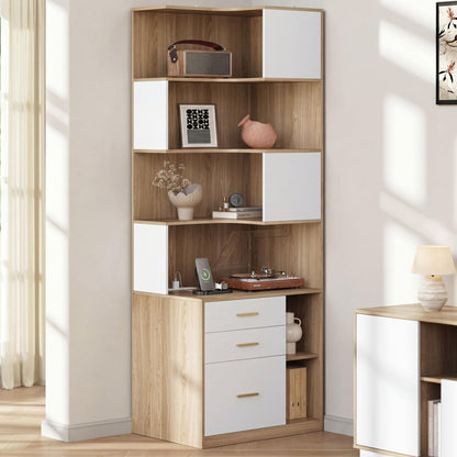 ModernMate Corner Bookshelf with Storage, 74.4" Tall L-Shaped Bookcase with 3 Drawers & AC/USB Charging Station, 7 Tier Wooden Open Display Rack for Living Home Office, Light Walnut