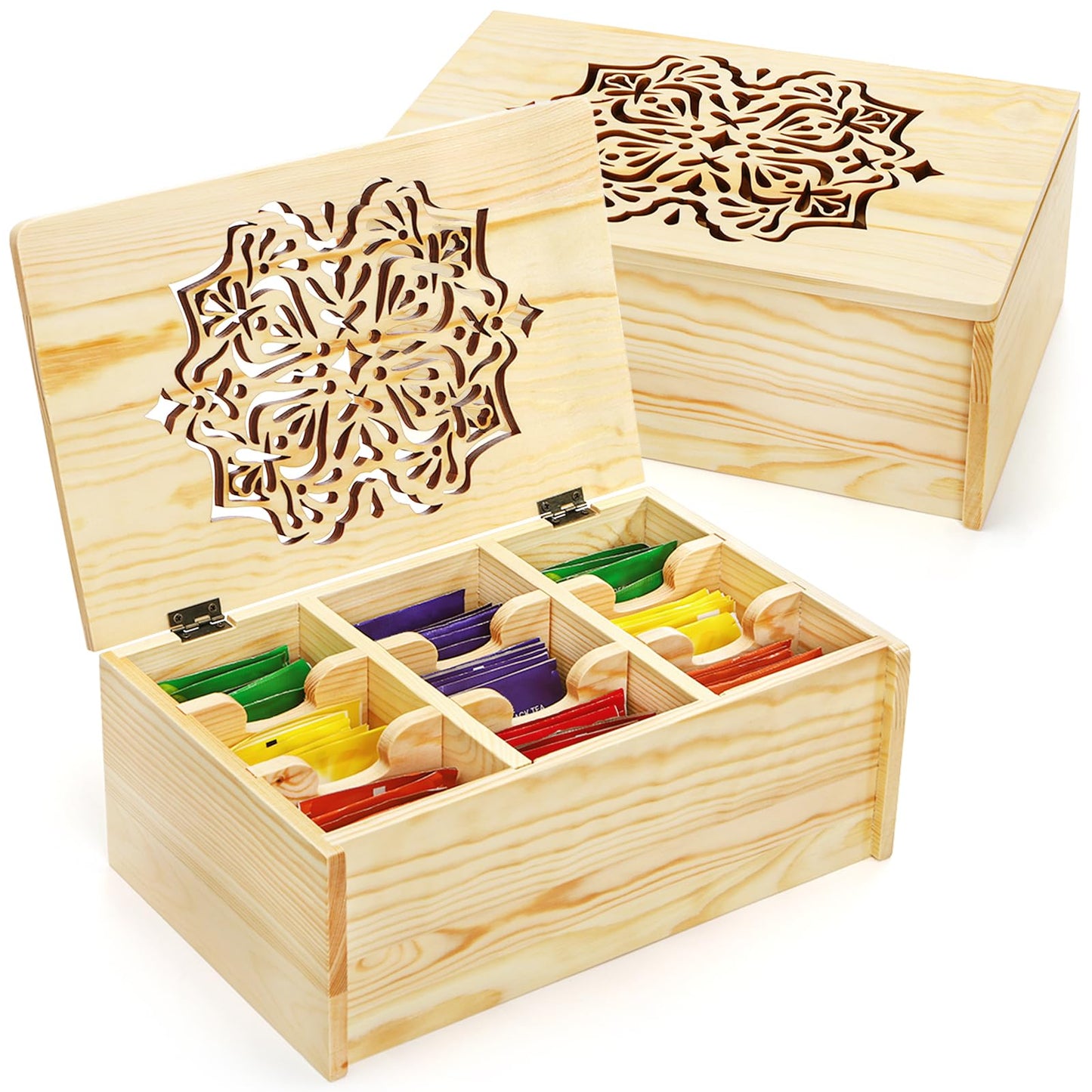 WRINGKIT Tea Bag Organizer Box, Wooden Tea Bag Chest Holder Container with 9 Compartment Floral Carved Lid, Multi-Functional Decorative Box for Storage Sugar Packet, Sweets, Christmas Gift