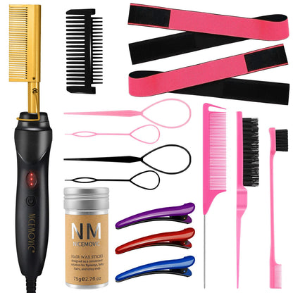NICEMOVIC Ceramic Heating Hair Straightener Comb - Hot Pressing Brush for Natural Black Hair, Beard Wigs, and Curling (Gold)