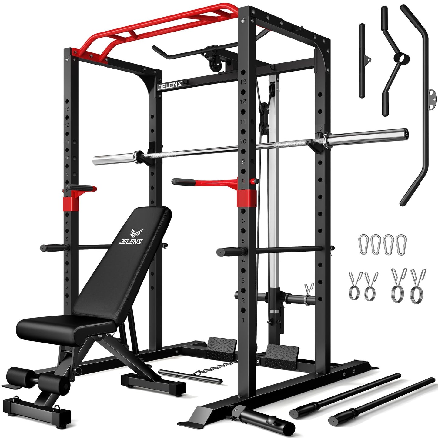 JELENS Power Cage, 2000LBS Multi-Function S11 Power Rack with LAT Pulldown, Squat Rack with Adjustable Pulley System and More Training Attachments, Weight Workout (Home Gym Package)