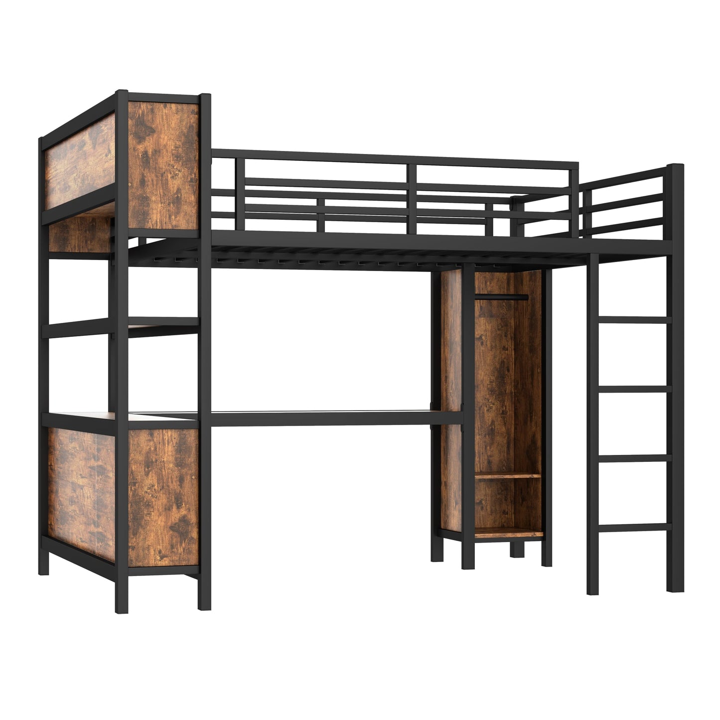 Ball & Cast Metal Loft Bed with Wardrobe and L-Shaped Desk,Queen Size Loft Bed with Storage Cubes and Shelves,Heavy Duty Loft Bed Frame for Kids Teens Adults,No Box Spring Need,Black+Brown