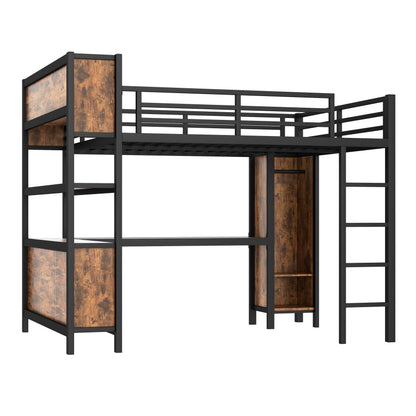 Ball & Cast Metal Loft Bed with Wardrobe and L-Shaped Desk,Queen Size Loft Bed with Storage Cubes and Shelves,Heavy Duty Loft Bed Frame for Kids Teens Adults,No Box Spring Need,Black+Brown