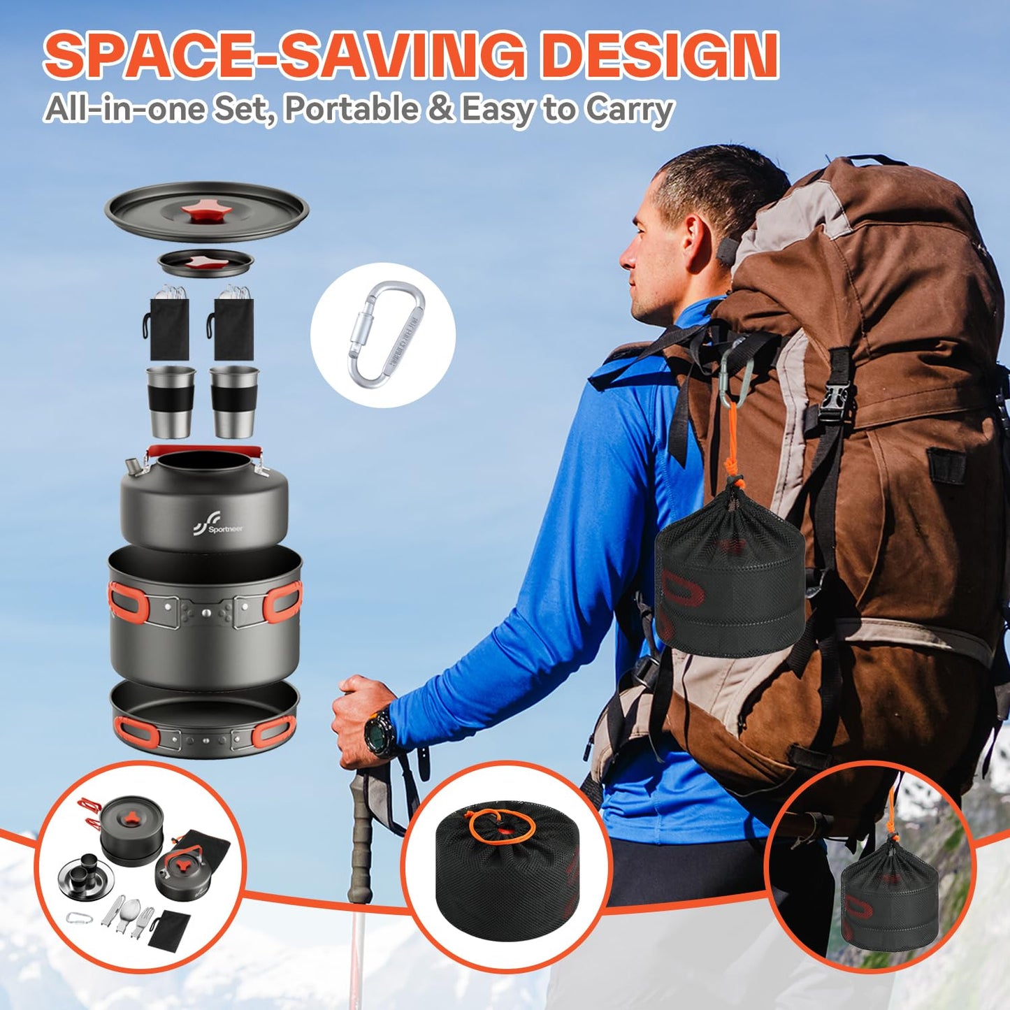 Sportneer Camping Cookware Set, 18Pcs Non-Stick Lightweight Pots, Pan, Kettle with Stainless Steel Cups, Plates, Forks, Knives & Spoons for Camping, Backpacking, Hiking, Outdoor Cooking & Picnic