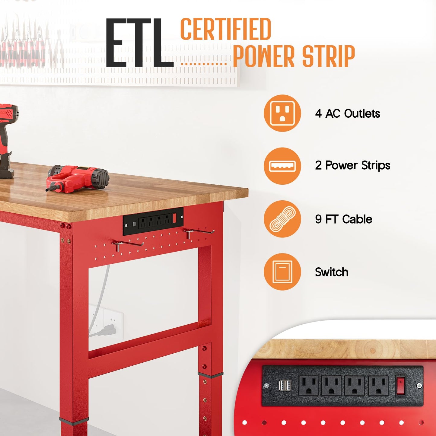 SPECRAFT 72" Red Adjustable Heavy Duty Workbench with 4 AC Outlet and 2 USB Ports Power Outlets, 6000 Lbs Capacity, Rubber Wood Top for Garage, Workshop, Office