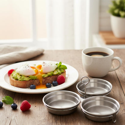 GOVNPJ Egg Poacher, 304 Stainless Steel Poached Egg Cups with Oil Brush, without Coating Egg Boiler Cup for Stovetop (Round)