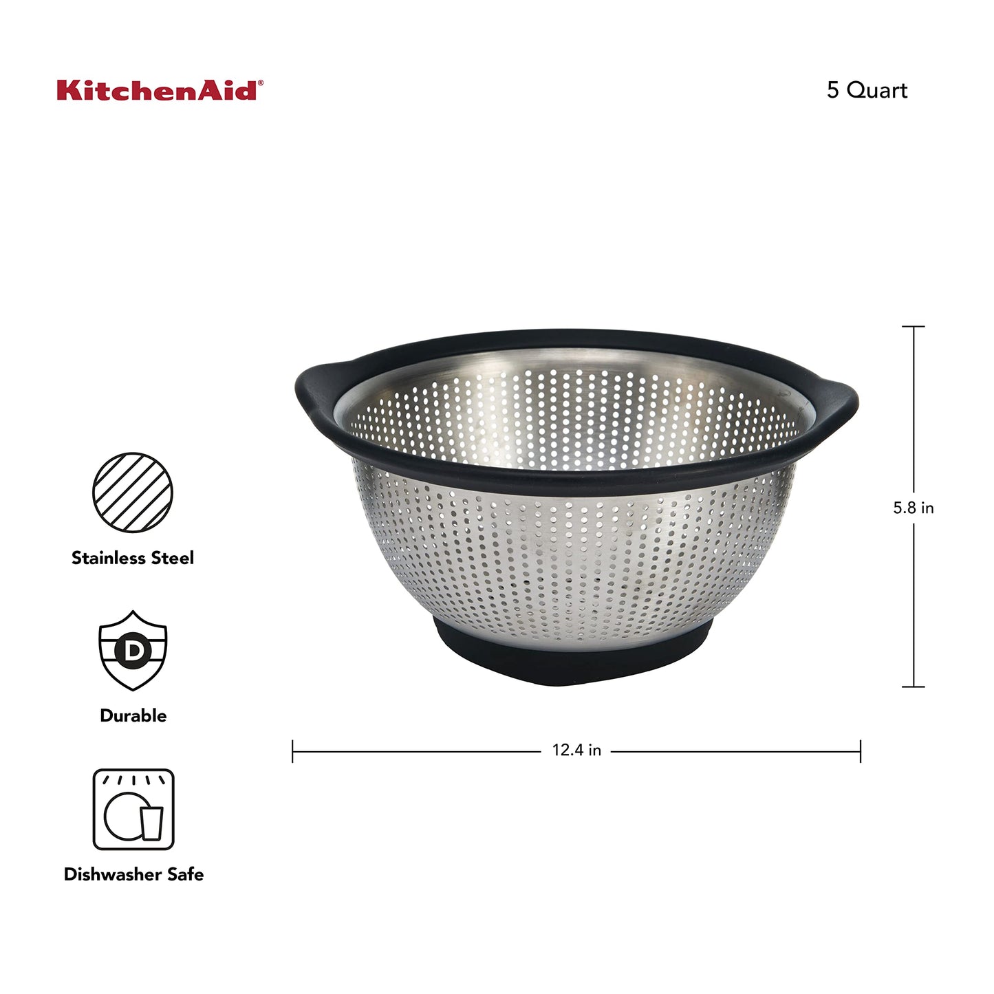 KitchenAid Stainless Steel Colander, 5 Quart, Black