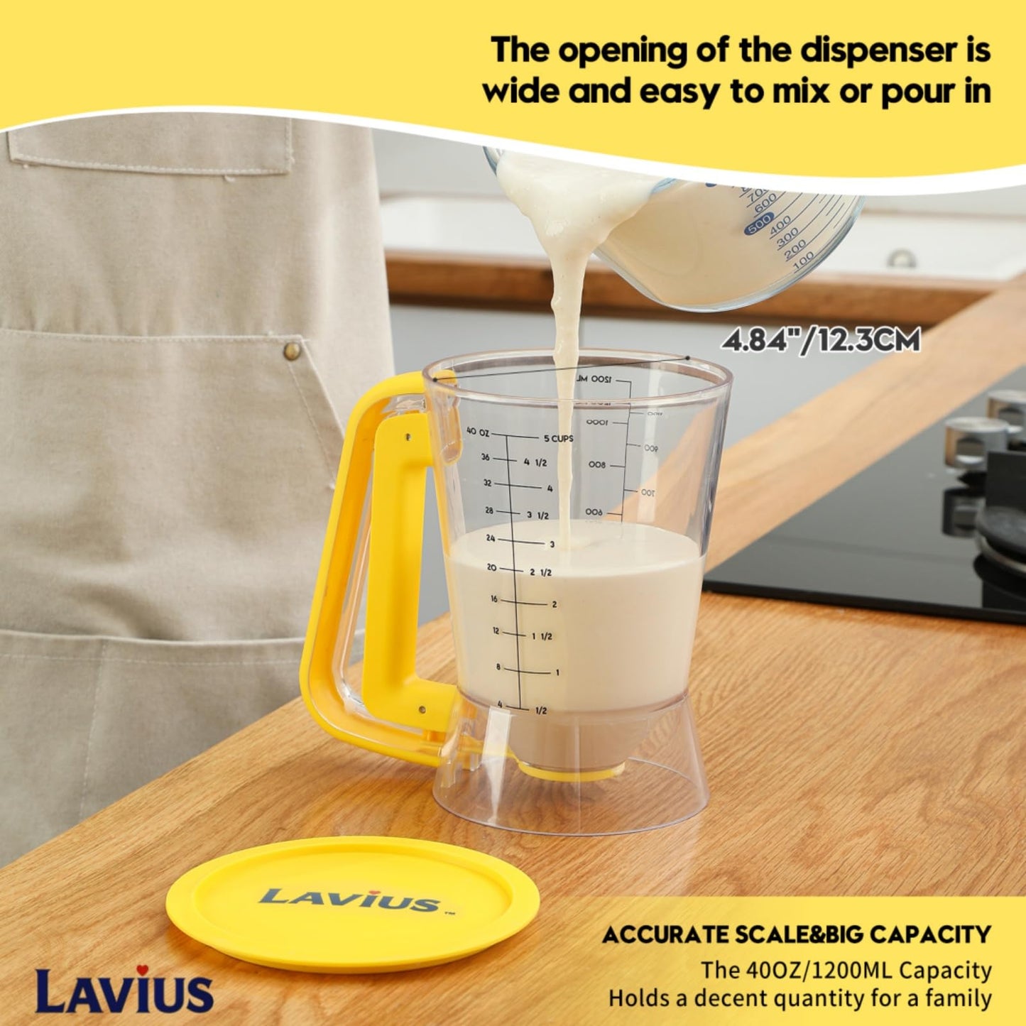 Lavius Pancake Batter Dispenser 5-Cup Batter Pourer for Maker Pancakes, Waffles, Crepes, Muffins, Cupcakes, Easy Squeeze Grip Handle with Proof Nozzle, Precise Baking Tools（Yellow）