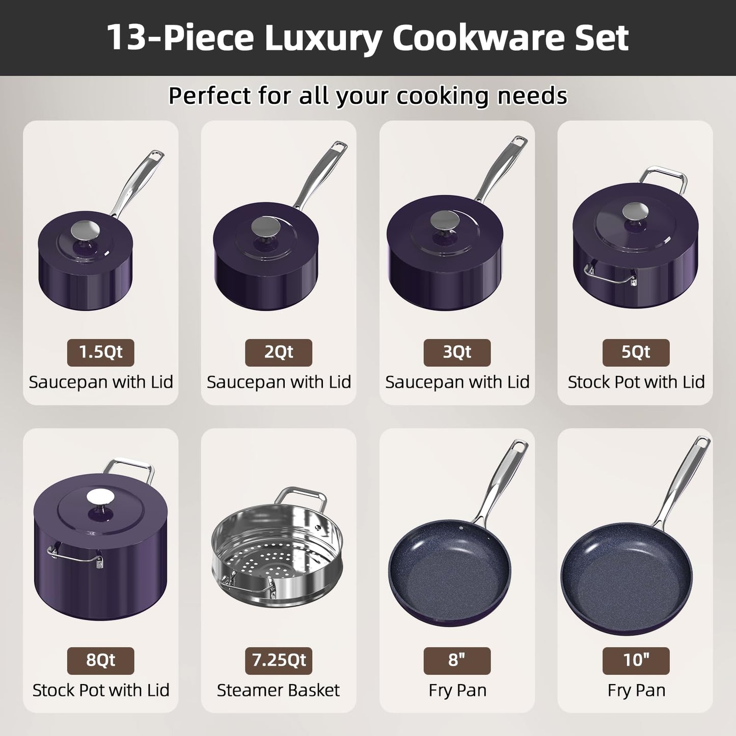 Nuwave Lux 13pc Forged Lightweight Cookware Set PFAS Free, Healthy G10 Duralon Ceramic Coating, Ultra Non-Stick, Stay-Cool Handles, Works on All Cooktops & Induction Ready