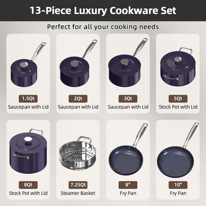 Nuwave Lux 13pc Forged Lightweight Cookware Set PFAS Free, Healthy G10 Duralon Ceramic Coating, Ultra Non-Stick, Stay-Cool Handles, Works on All Cooktops & Induction Ready