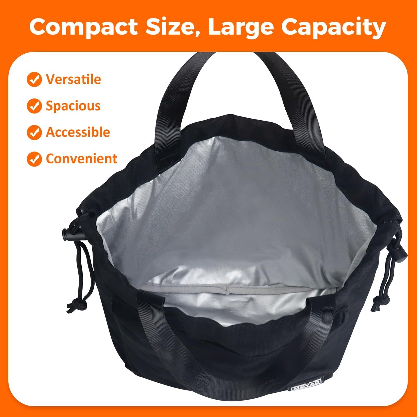 Moyad Reusable Lunch Bag for Women Men, Insulated Cooler Lunch Box Handbag Tote bag with Handle and Drawstring Closure for Work Picnic Travel Camping Outdoor, Black