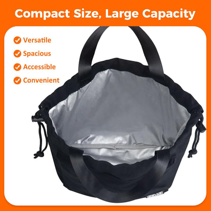Moyad Reusable Lunch Bag for Women Men, Insulated Cooler Lunch Box Handbag Tote bag with Handle and Drawstring Closure for Work Picnic Travel Camping Outdoor, Black