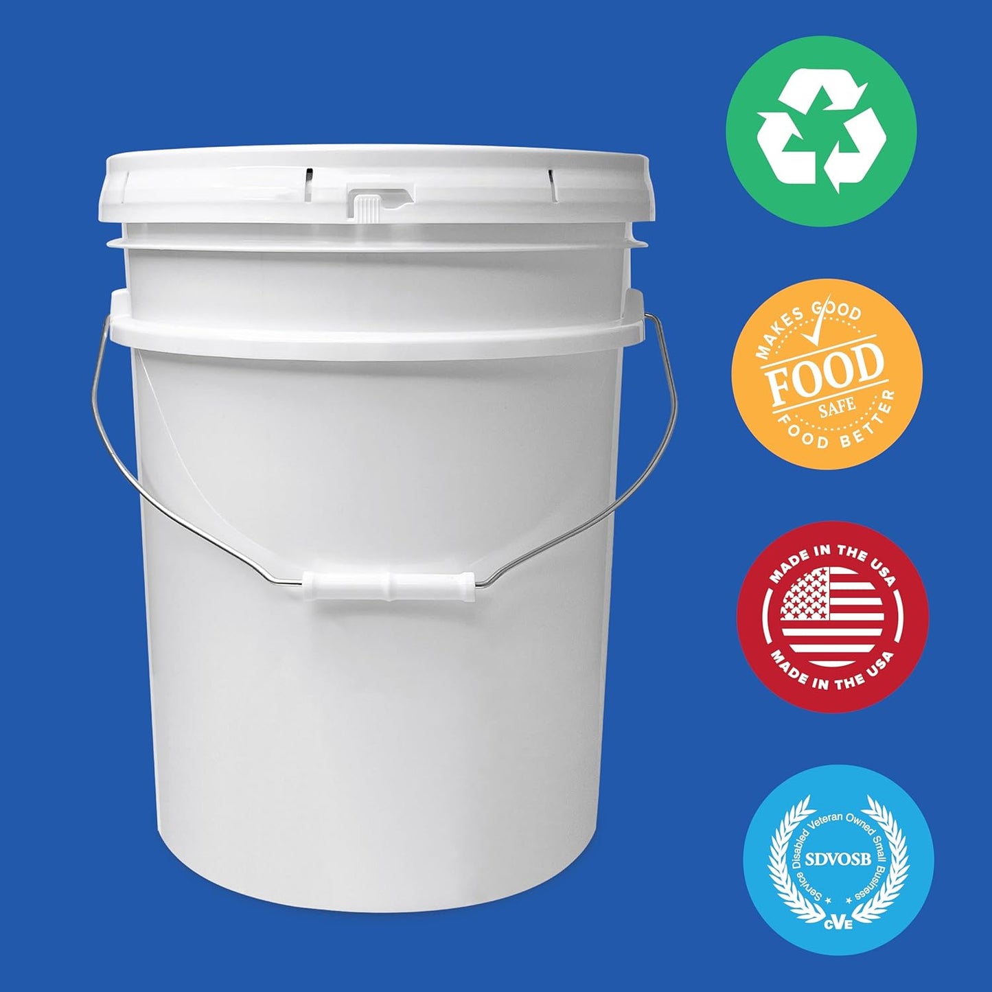 5 Gallon White Bucket & Lid - Durable 90 Mil All Purpose Pail, Food Grade, Made in The USA, 1 Pack