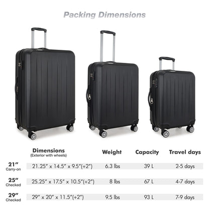 Elite Luggage Expandable Hardside Spinner Luggage,TSA Lock, Black, 3-Piece