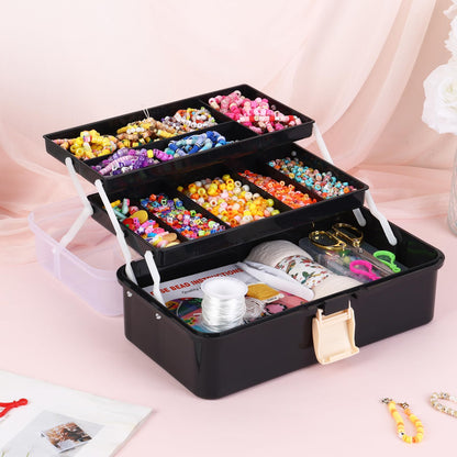 Craft Organizers, Tackle Box 3-Layer Portable Folding Toolbox, Plastic Tool Box with Handle for Sewing Supplies, Medicine, Art Supplies, Nails and Hair Accessories 12.5inch Black