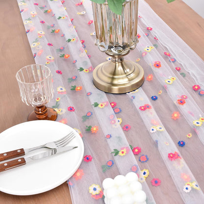 Joanlody 6pcs Ivory Summer Flower Table Runner 10ft Embroidery Daisy Floral Seasonal Tulle Table Runner for Home Garden Tea Party Holiday Birthday Decoration