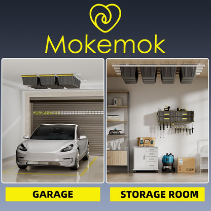 Mokemok Overhead Garage Storage Rack Extra Large-Organizes Up to 15 Tote Bins 0.1-inch Thickened Heavy Alloy Steel Garage Tote Storage System with Adjustable Rails-Ceiling Storage Rack