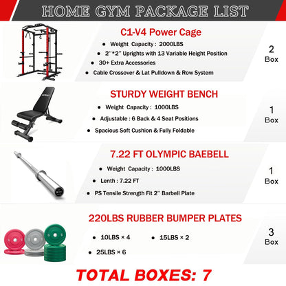 Goimu C1-V4 Power Cage, 2000LBS Squat Rack with LAT Pulldown, Multi-Function Weight Cage Strength Training Machine, Workout Cage with More Attachments for Home Gym Garage (220LBS RD Home Gym Package)
