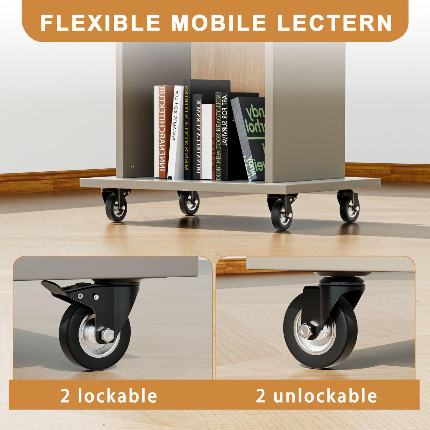 HPLWYM Podium Stand with Wheels, Wood Lectern Stand with Drawer and Double-Layer Storage Space, Mobile Pulpits for Churches, Portable Podium for Speech, Church, Office, Classroom, Conference