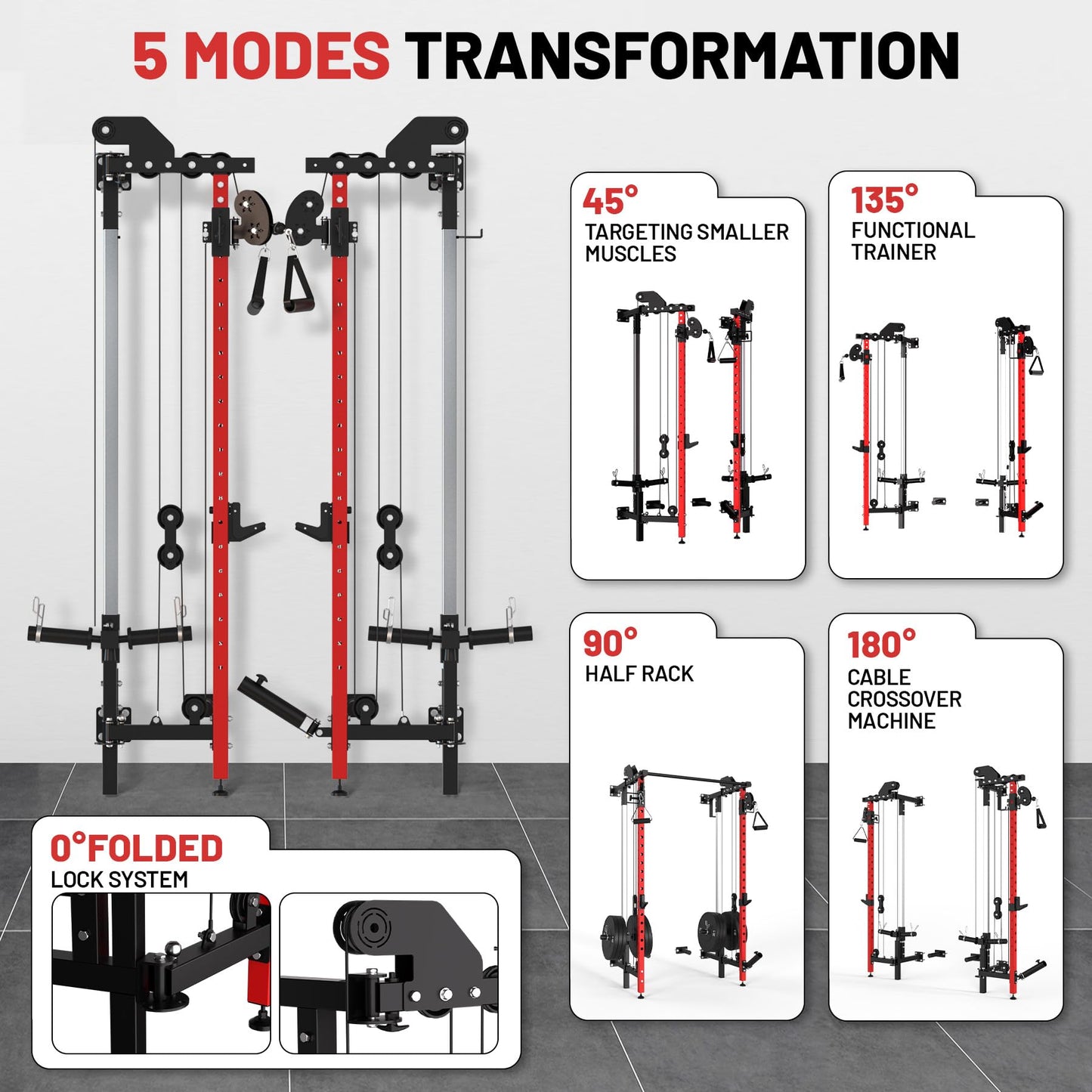 Garvee Folding Squat Rack, Wall Mounted Power Rack with Dual Independent Pulley System & Pull Up Bar, Multi-Function Power Cage with for Home Gym Space-Saving