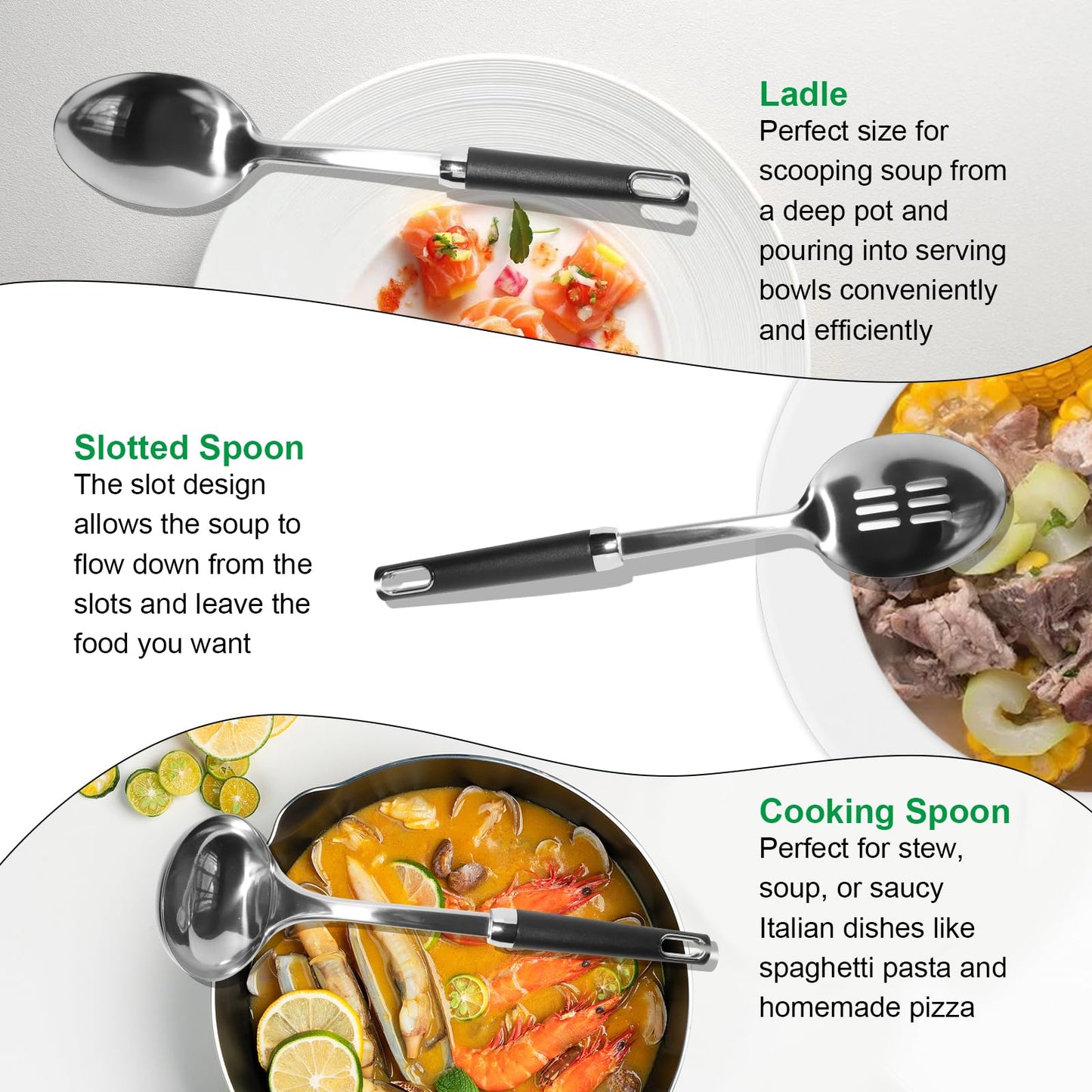 12" Stainless Steel Cooking Spoons Set & Serving Spoons Set with Heat-Resistant Handle, Slotted Spoon, Solid Spoon & Soup Ladle Kitchen Utensils Set for Effortless Home and Commercial Use, 3 Pack