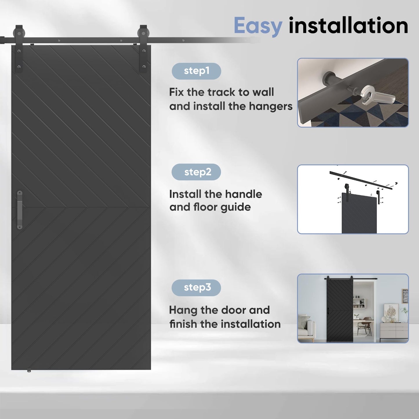 JUBEST 36 in. x 84 in. Sliding Barn Door Modern Door with 6FT Hardware Kit Icluded, Hollow-core Chevron Interior Doors with PVC Covered, Waterproof Surface, Easy to Install, Black