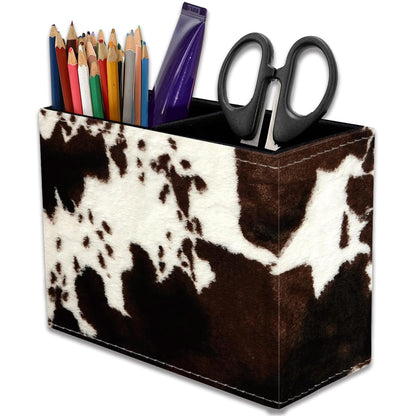 VSHSEEOM Cow Hide Print Pencil Holder for Desk, PU Leather Multifunctional Mobile Pen Holder Desktop Organizer Makeup Brush Holder for Classroom, Office and Home