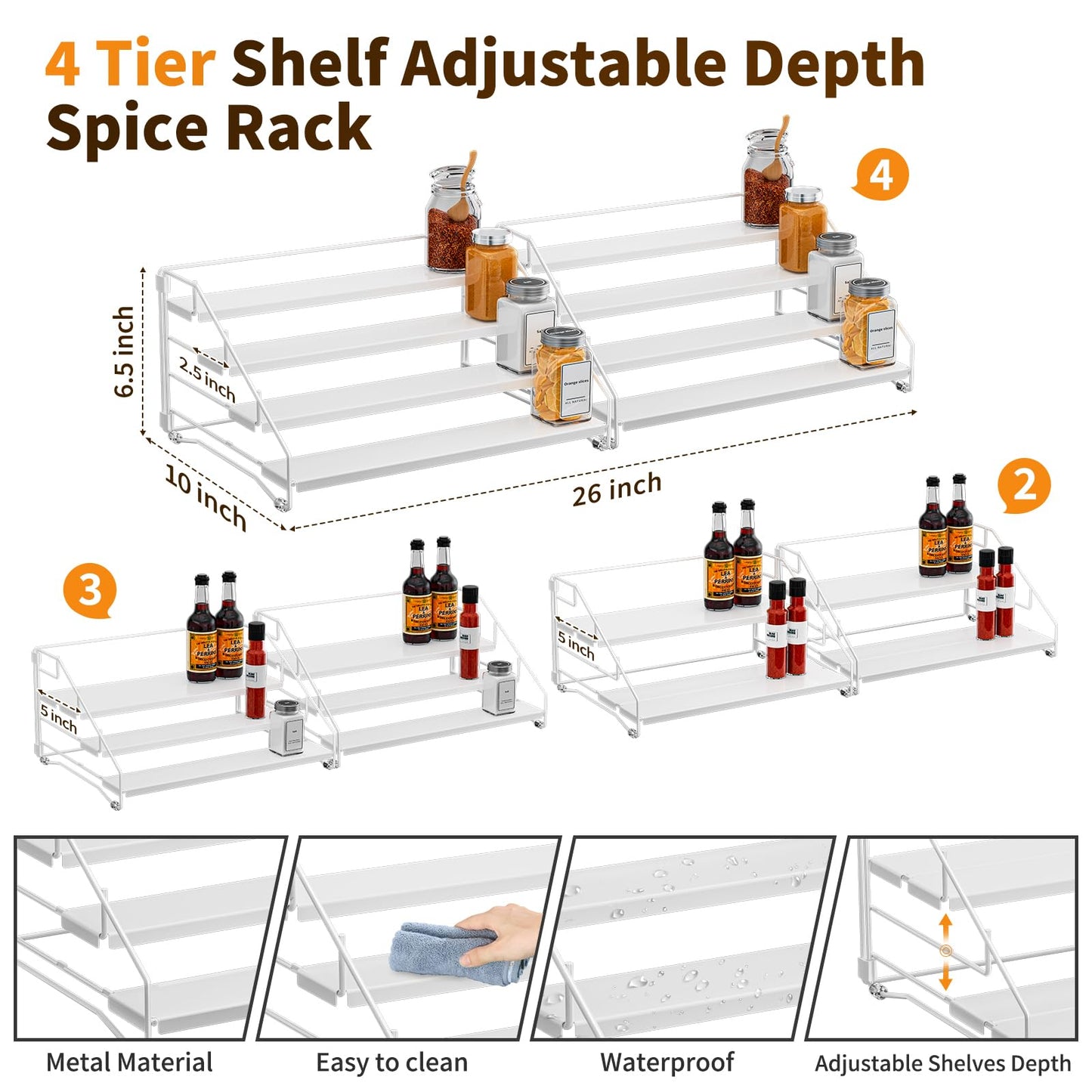 4 Tier Spice Rack for Cabinet, Spice Rack Organizer, Depth Adjustable Spice Holder for Countertop, Cupboard, Pantry, Seasoning Shelf, Metal, Black (1 Pack)