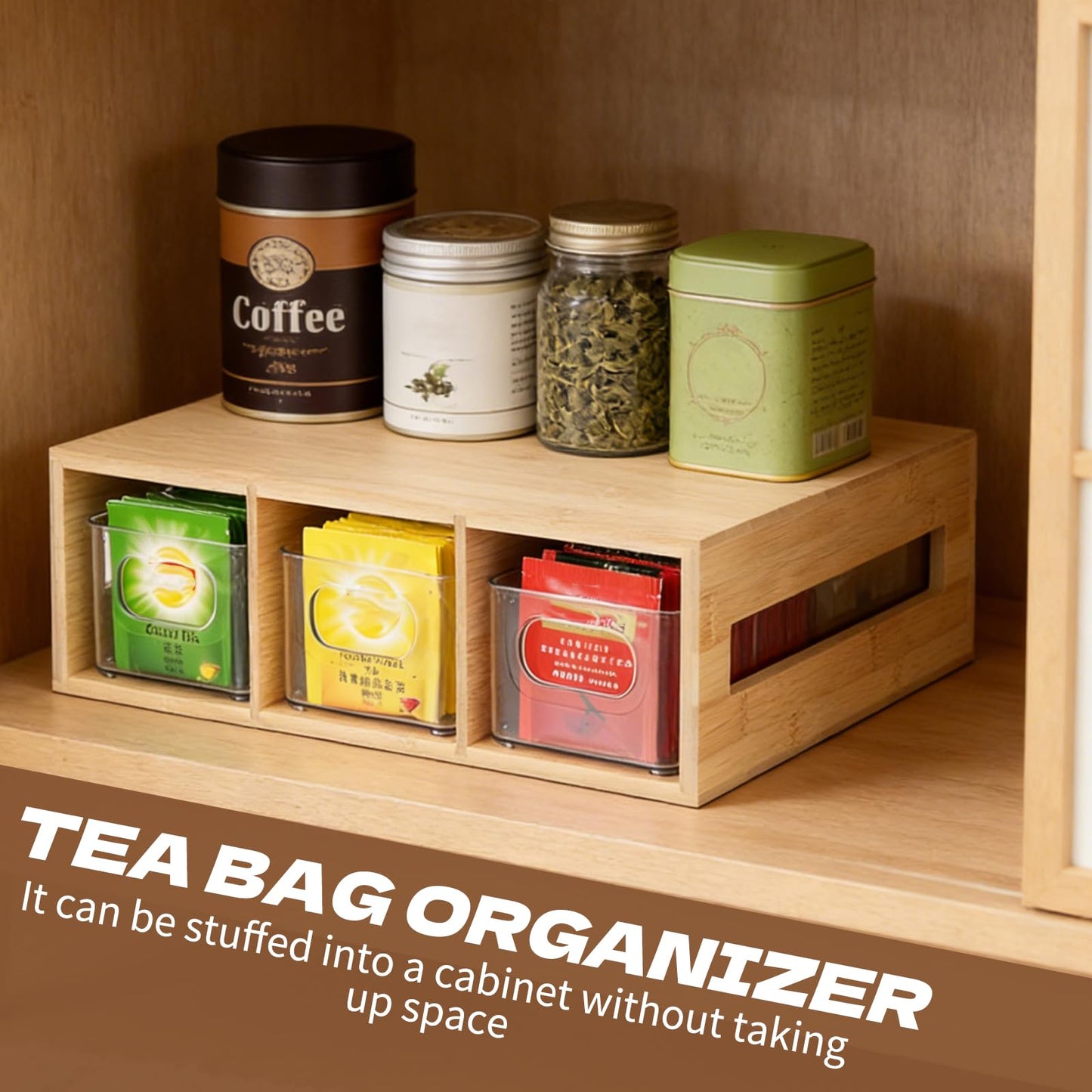 Tea Bag Organizer, Bamboo and Acrylic Tea Bag Holder with 3 Drawers, Wooden Tea Storage Organizer for Countertop, Sturdy Tea Chest Boxes for Shelf, Coffee Station, Sugar Packet, Small Packets