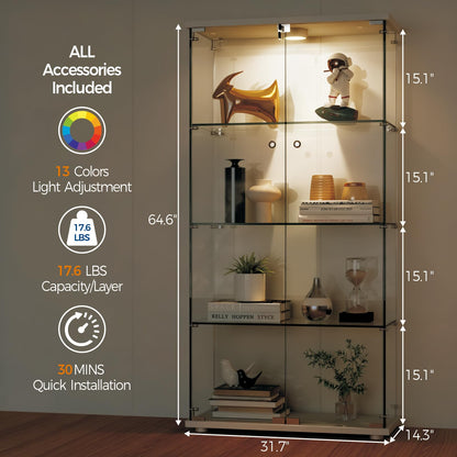 GarveeHome 4 Shelves Display Cabinet, Tempered Glass Curio Showcase with LED Light & Lock, Double Doors Storage Cabinet for Living Room Bedroom Office, White, 64x31.7x14.3 Inch