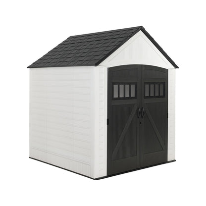 Rubbermaid Resin Outdoor Storage Shed With Floor (7 x 7 Ft) Weather Resistant, White, Organization for Home/Backyard/Garden Tools/Lawn Mower/Bike Storage/Pool Supplies