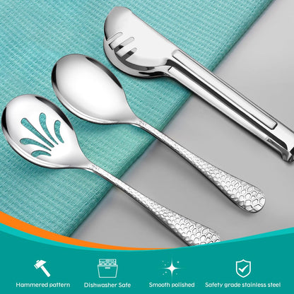 Teivio Hammered Stainless Steel Metal Serving Utensils Set of 12, 10" Serving Spoons, 10" Slotted Spoons, 9" Serving Tongs, Large Hostess Serving Set for Parties Chafing Dish Buffet Catering (Silver)