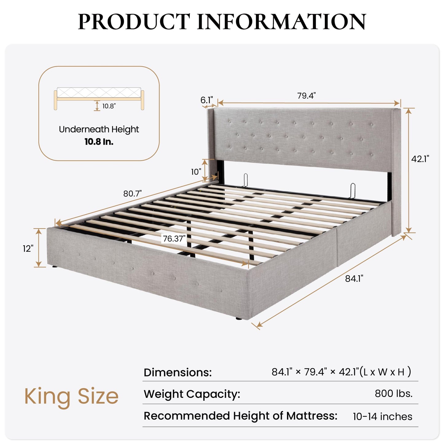 SHA CERLIN King Size Lift Up Storage Bed Frame,Button Tufted Wingback Headboard,Upholstered Platform,Hydraulic Storage,Wooden Slat Support,No Box Spring,Light Beige