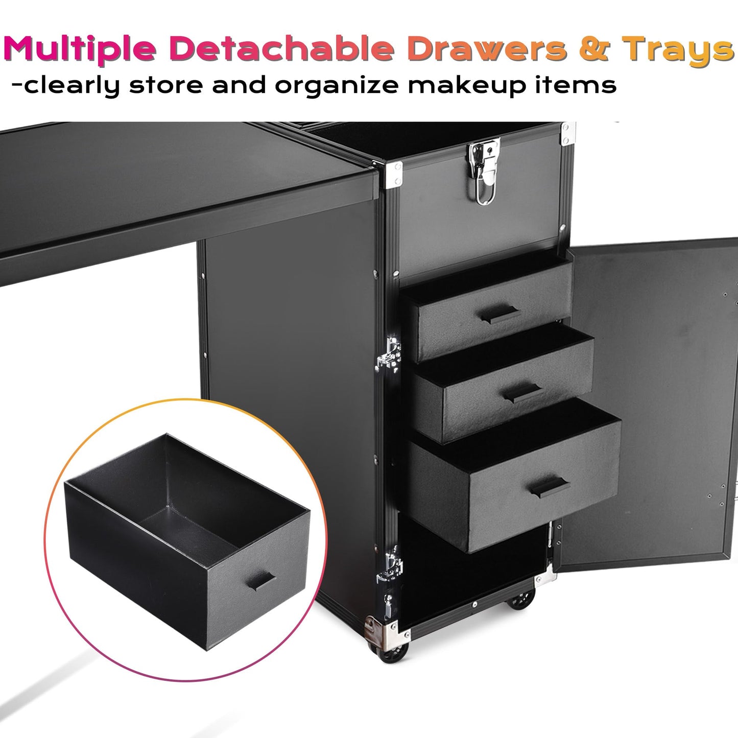 BYOOTIQUE Portable Manicure Table Nail Station Rolling Makeup Case with 4 Drawers Nail Table Storage for Makeup Artist Nail Tech Manicurist, Black, 33" x 16" x 31"