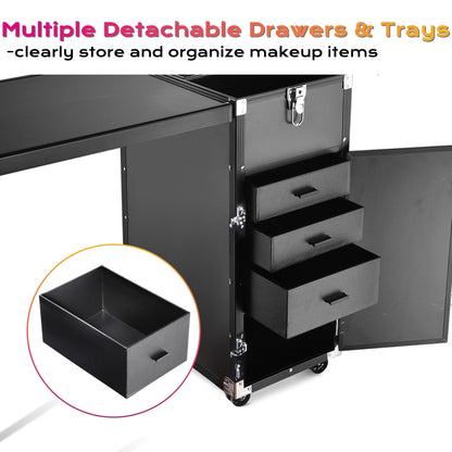 BYOOTIQUE Portable Manicure Table Nail Station Rolling Makeup Case with 4 Drawers Nail Table Storage for Makeup Artist Nail Tech Manicurist, Black, 33" x 16" x 31"