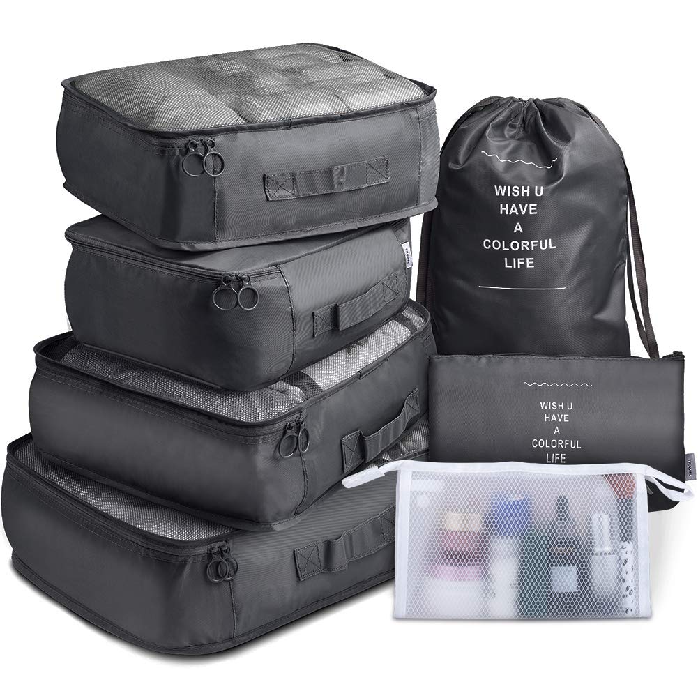 Packing Cubes 7 Pcs Travel Luggage Packing Organizers Set with Toiletry Bag (Black)
