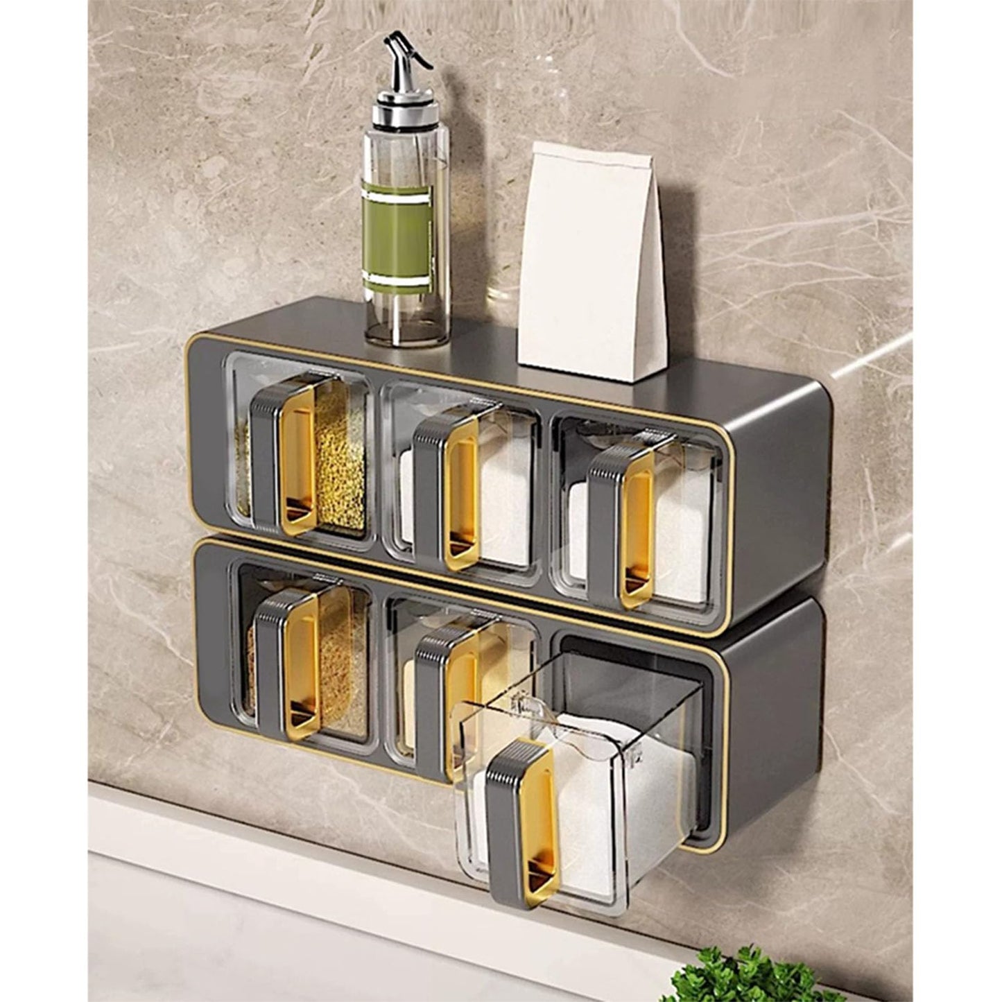 Seasoning Organizer Box, Acrylic Spice Storage Box, 3 Compartments Transparent Spice Rack Spice Jar Spice Container With Lid And Spoon Storage Container Black