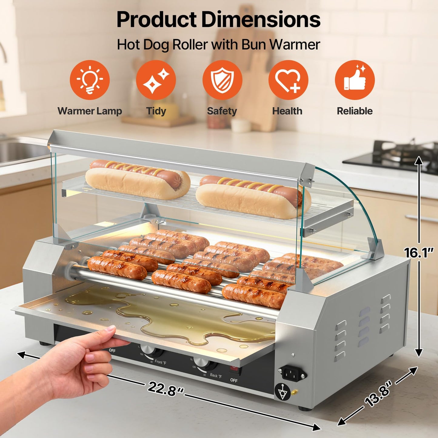 Seeutek Hot Dog Roller 7 Rollers 24 Hot Dogs Capacity 1100W Stainless Hot Dog Toaster With LED Light, Hot Dog Machine W/Dual Temp Control Glass Hood Acrylic Cover Warmer Shelf Removable Oil Drip Tray