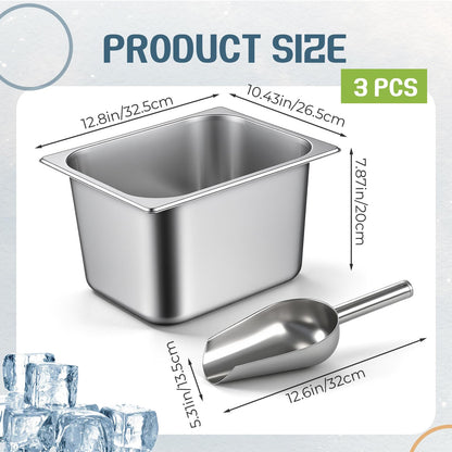 meekoo 3 Packs Ice Bucket for Parties, Stainless Steel Ice Bucket for Freezer with Scoop, 12.8 x 10.4 x 7.8 Inch Drink Champagne Container Bin for Cocktail Bar Wine Icnics Kitchen Storage