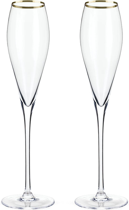 Viski Gold-Rimmed Crystal Champagne Flutes, Stemmed Wine Martini Glass Set, Housewarming Wedding Wine Gift - Set of 2,