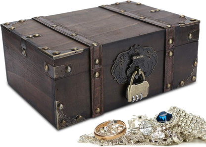 WESE Vintage Wooden Treasure Chest, Handcrafted Jewelry Storage Box with Lock, Large Capacity for Kids' Birthday Party