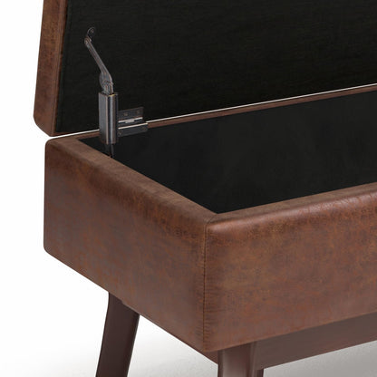 SIMPLIHOME Owen Small Rectangular Storage Ottoman - 36 inch Wide Upholstered Vegan Leather Lift-Top Ottoman in Distressed Saddle Brown, Mid-Century Modern Ottoman for Living Room with Tufted Detail