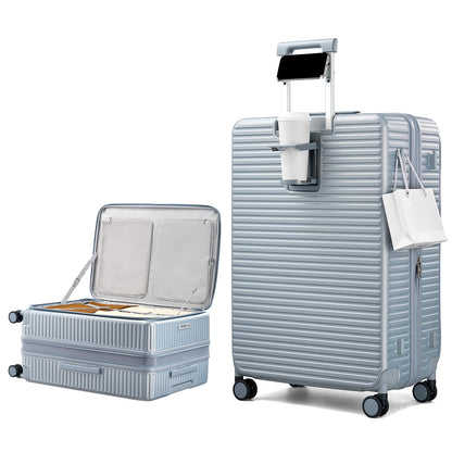 HanTrip Hard Shell Suitcases 28 Inch Large Checked Luggage with Spinner Wheels Cup Holder, Expandable Check in Luggage Lightweight Top Opening Luggage Big Rolling Suitcase with Lock, Silver